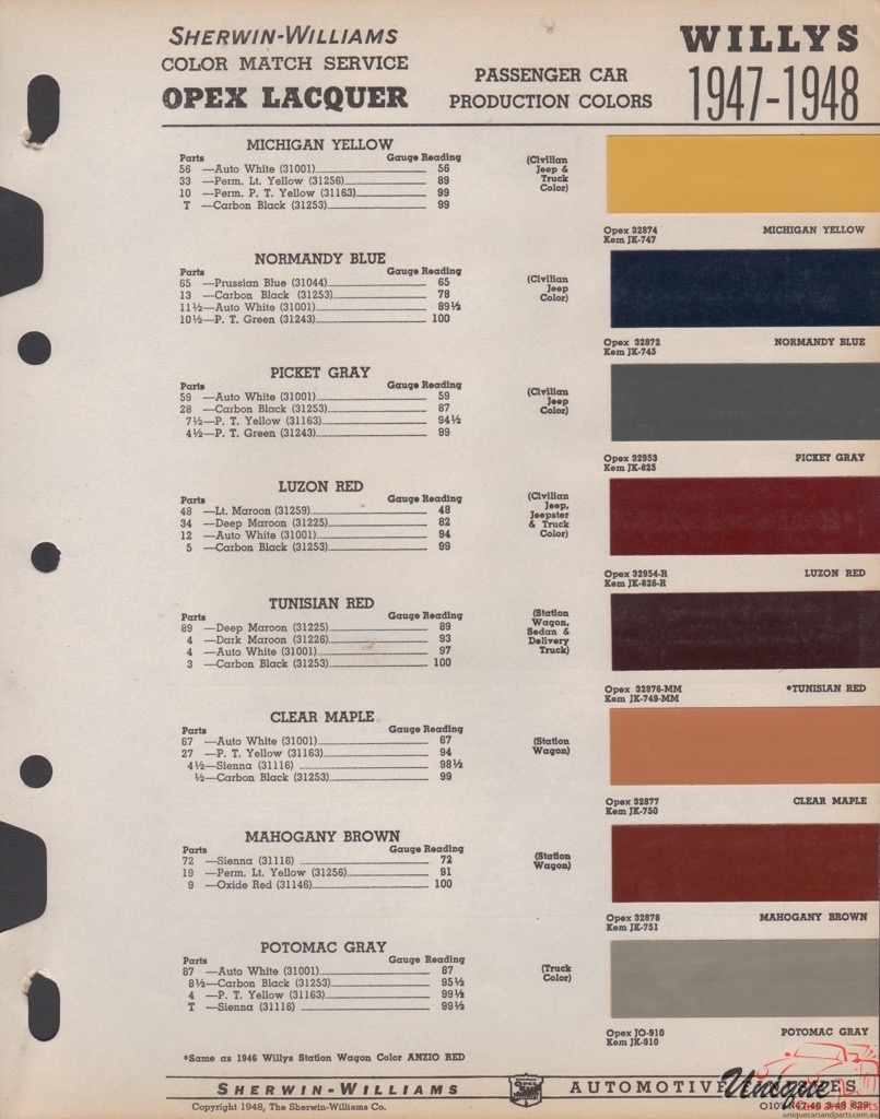 1947 Willys Paint Charts Williams 1